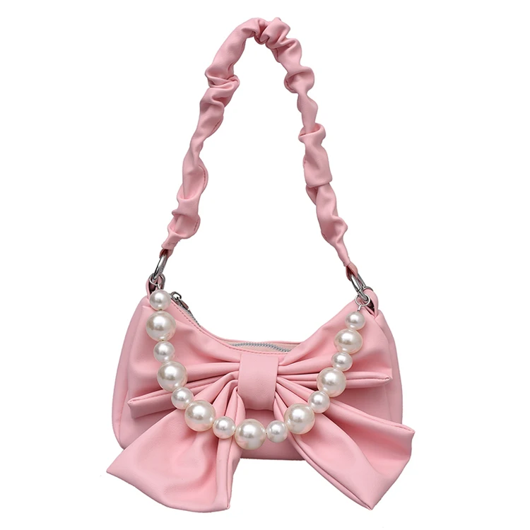 

2021 New Women's Bag Bow Fashion Pu Armpit Bag Candy Color Pearl Chain Handbag Plicated Small Leather Shoulder Bags, Black,white,pink,red,green,yellow