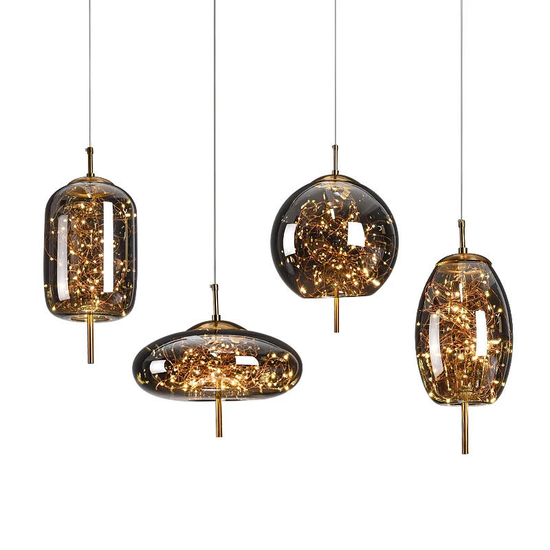 Home Decor Smoke Grey Glass Pendant Light Indoor Modern Gold Luxury LED Chandelier for Kitchen Island