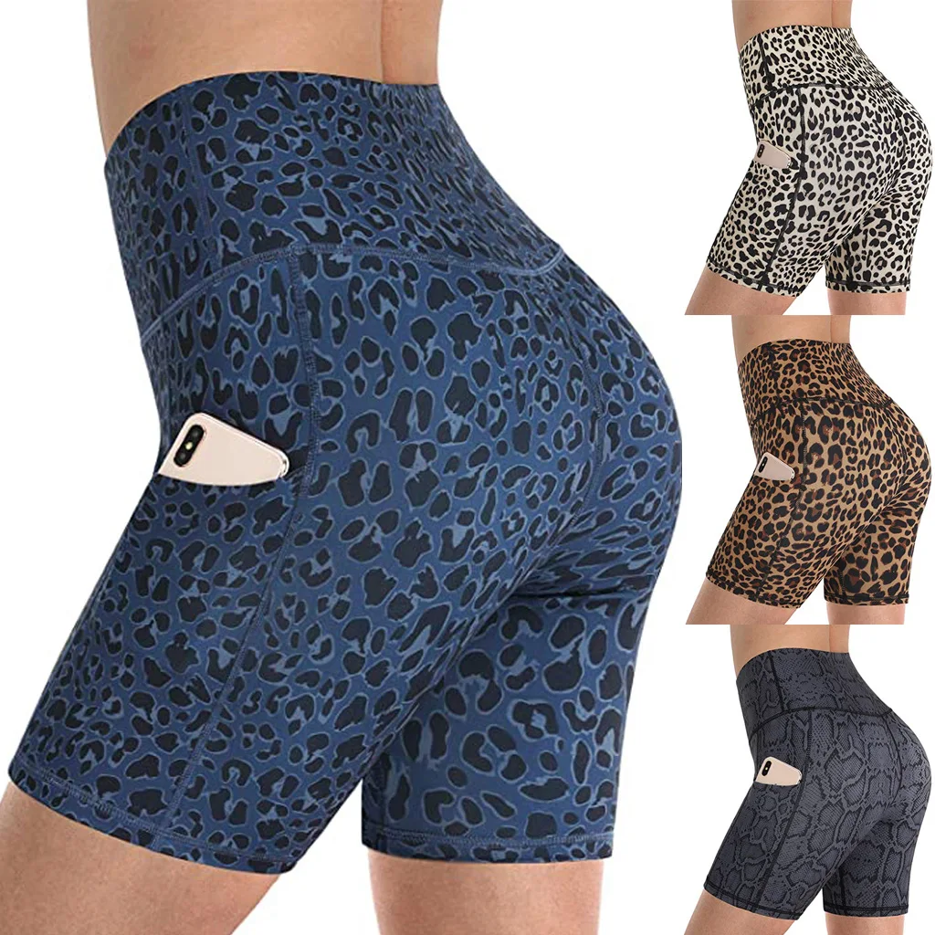 

HOT SELLING ELASTIC HIGH WAIST SLIM SOLID COLOR WOMEN'S LEOPARD Print POCKET FITNESS WOMEN YOGA SHORTS, 5 color