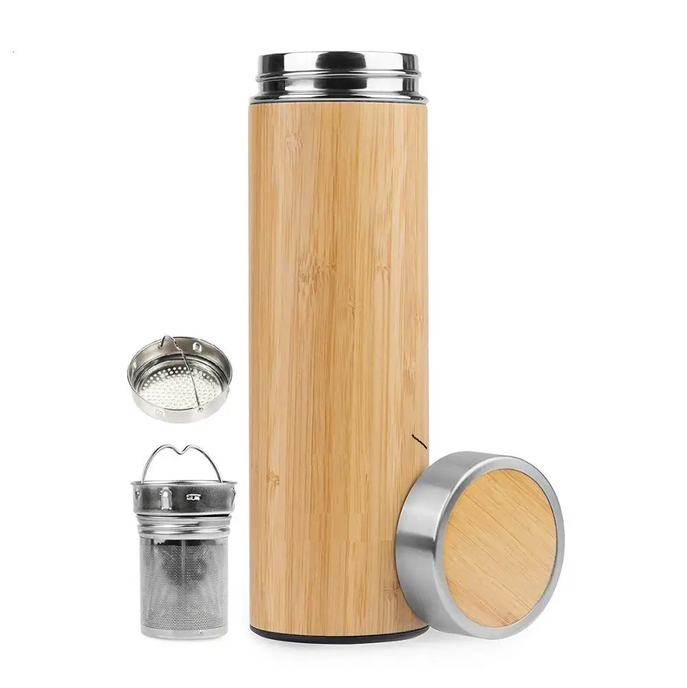 Custom Laser Engrave Logo Double Wall 18/8 Vacuum Stainless Steel Bamboo Flasks Thermoses/Bamboo Tumbler