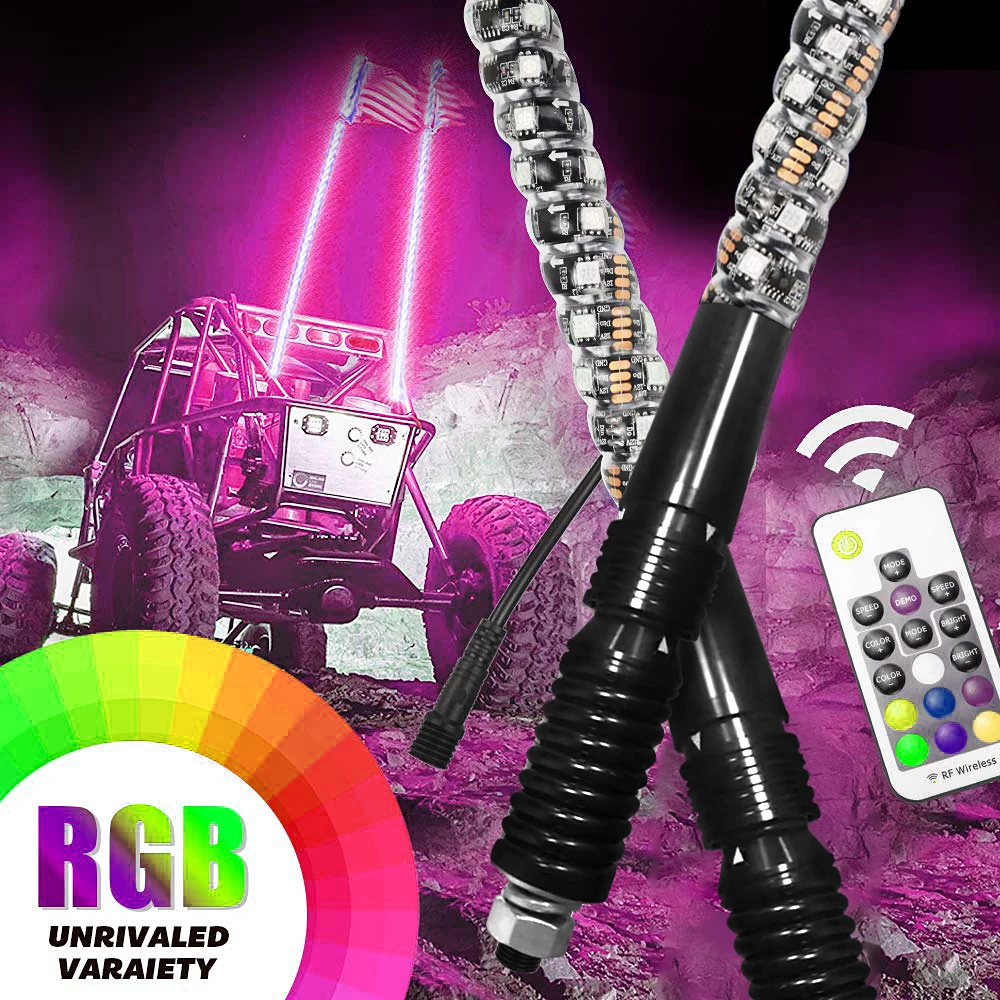 Remote Control RGB 360 Degree Spiral LED Antenna Whip Lights with Spring for UTV Off-Road Vehicle ATV RZR