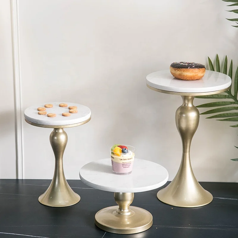 

Fashion Design 100% Natural Marble Food Tray Round White Marble Cake Stand With Gold Base