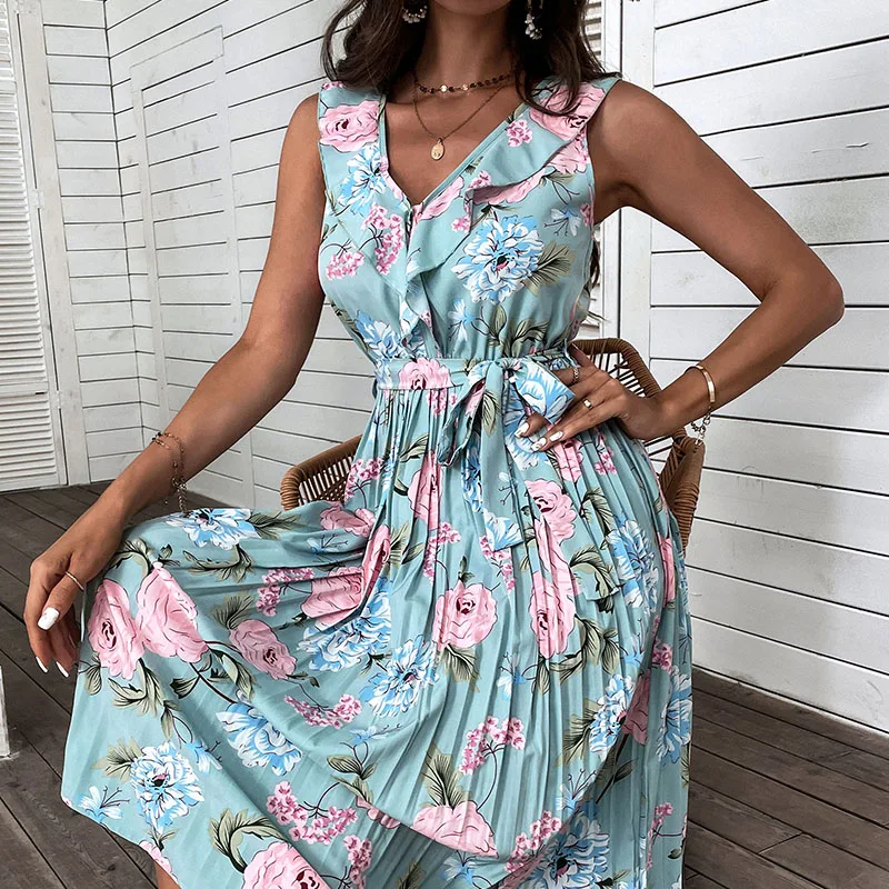 

Flower Pleated Dress Women Deep Neck Sleeveless Floral Pleated Dress