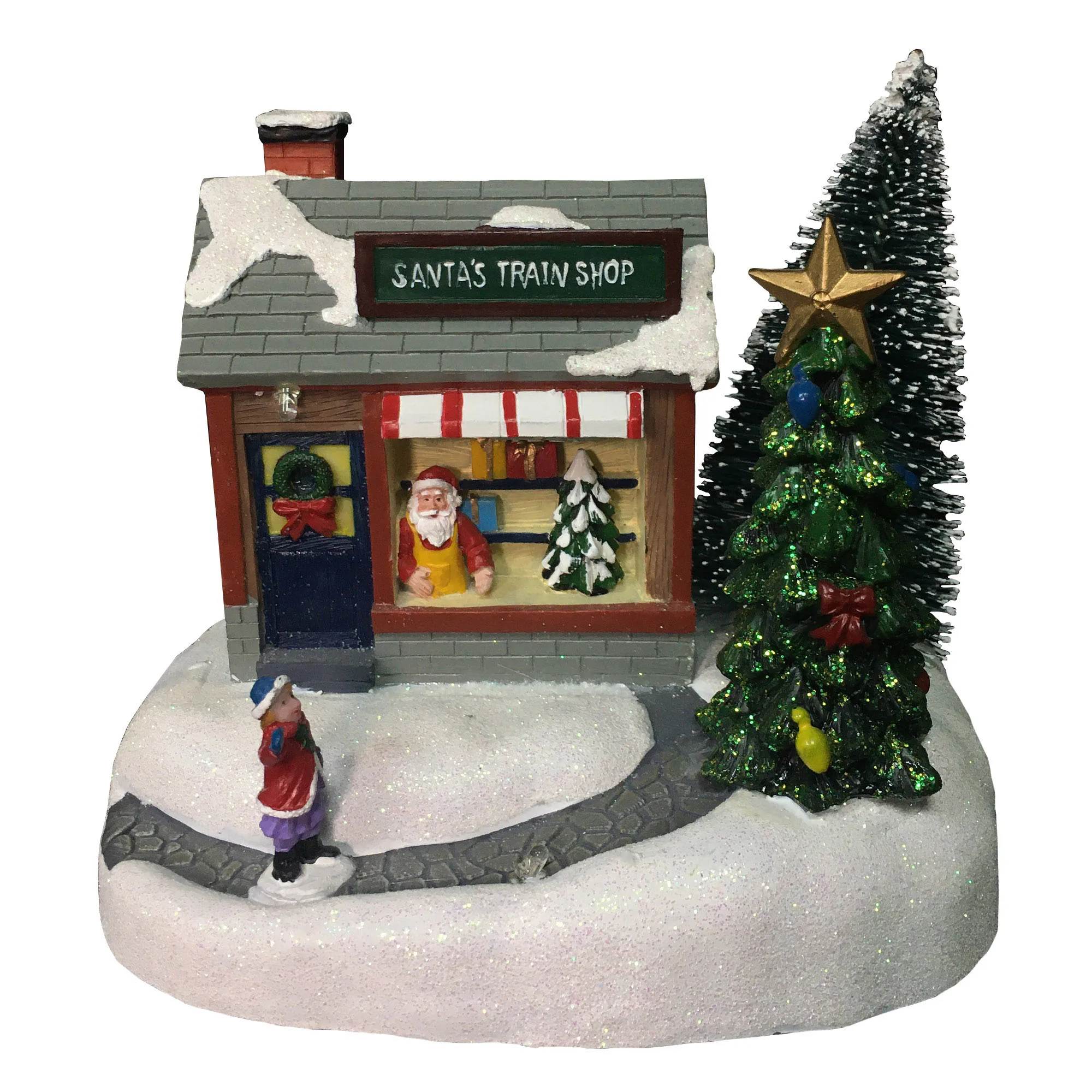 

Free Shipping Christmas Led Lighted village House Santa's Train Shop Trees Christmas Decoration with Christmas Songs
