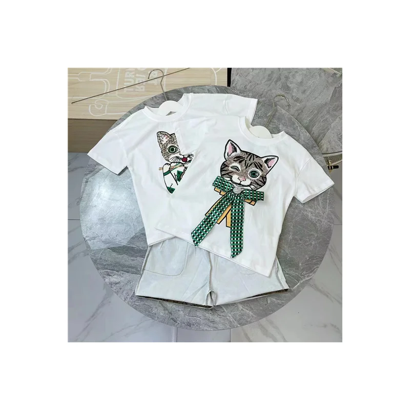 

MOQ 1PCS Twin Kids Clothing Sets Summer New Fashion Letter Print T-Shirt with Skirt 2 PCS Suit Dress Cat Embroidery Boys Outfits