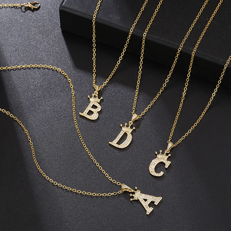 

Luxury Style Personalised Custom Name 26 Letters Pendant Crown Zircon Diamond Crystal Gold Initial Necklace, 26 colors