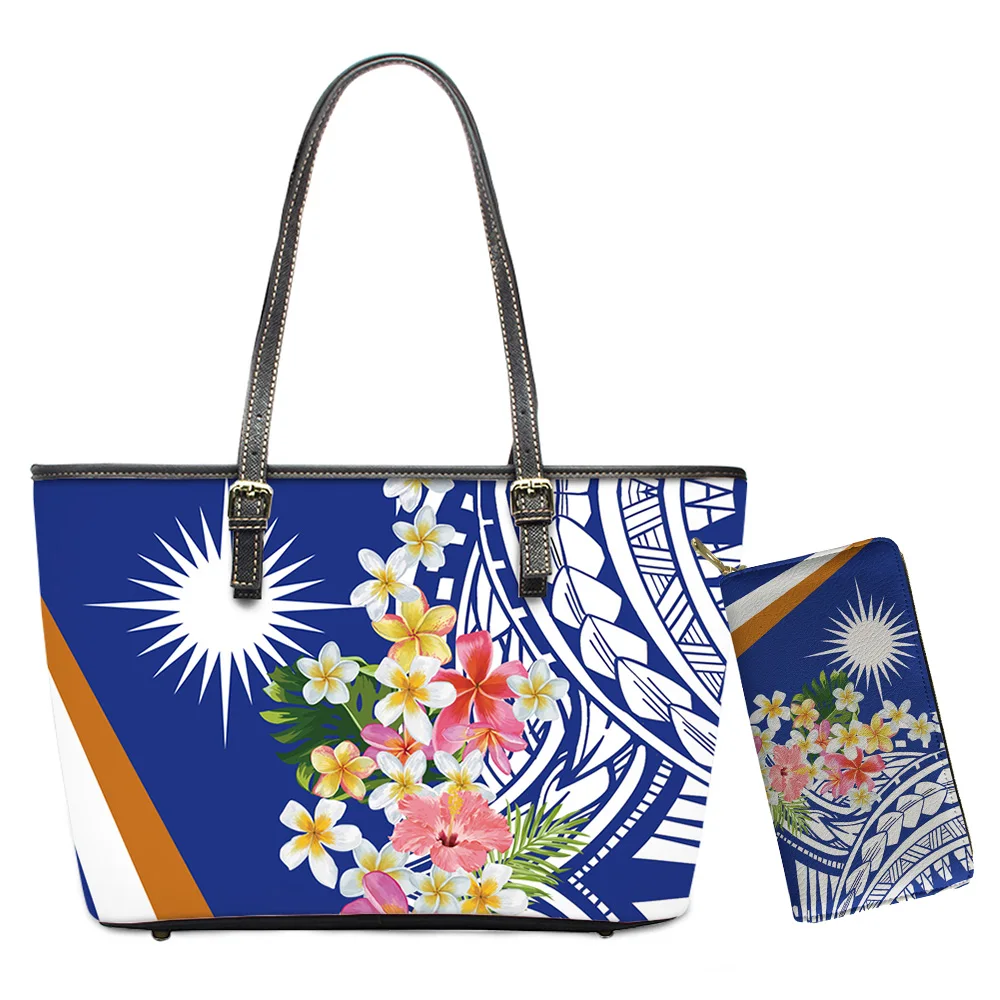 

Blue Fashional Marshall Island Print Handbags for Women Custom Luxury Polynesian Tribal Leather Shoulder Bag Woman Purse Sets