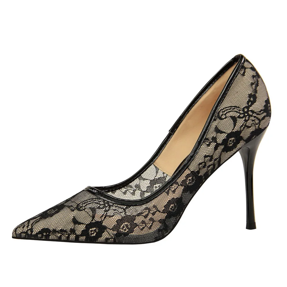 

New Fashion Formal Women High Heeled Pumps Custom Hollow-carved Lace Transparent Ladies Heels Shoes