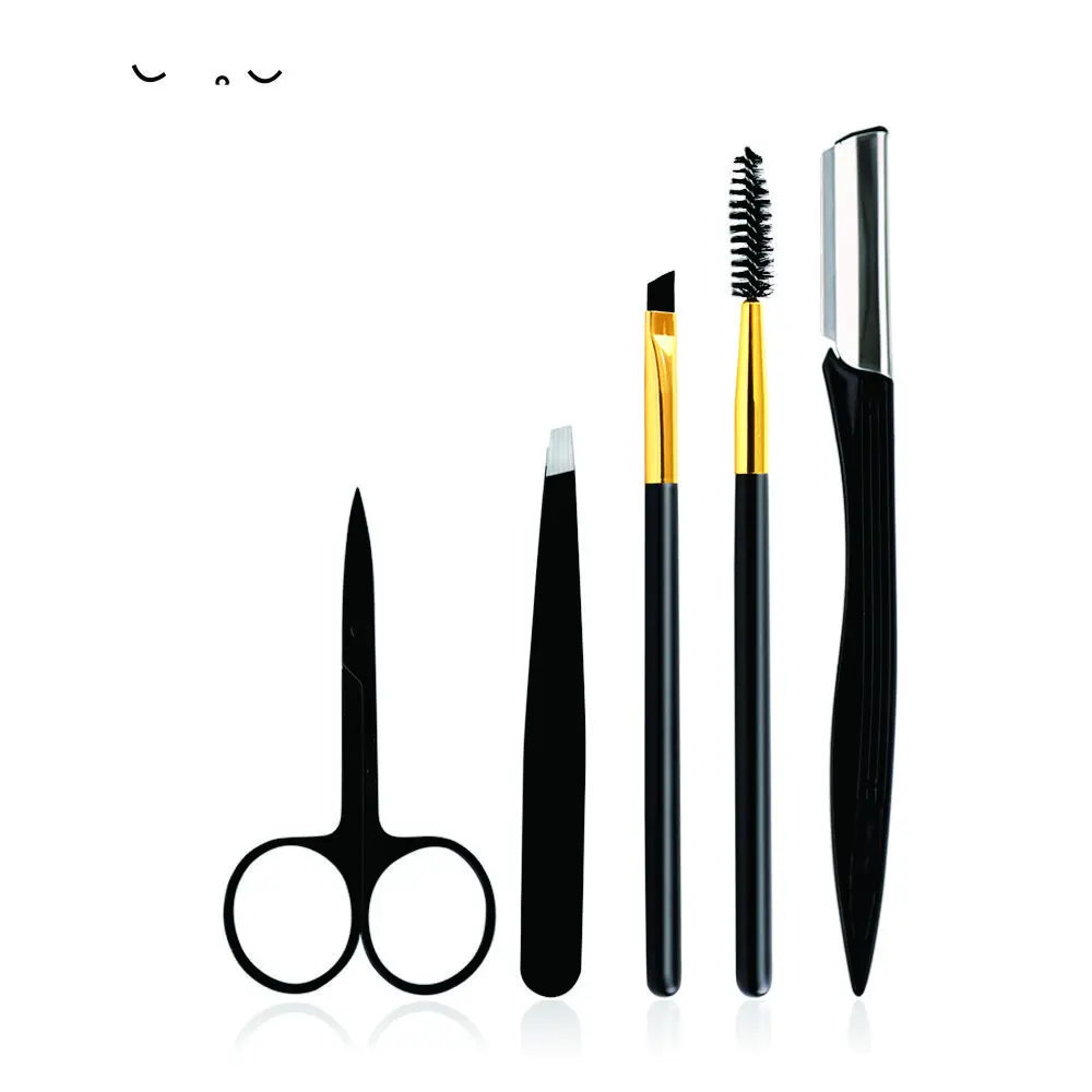 

5pcs Professional Eyebrow Shaping Trimming Set Eyebrow Clip Tweezer Timmmer Brush Scissors Makeup Tools, Black