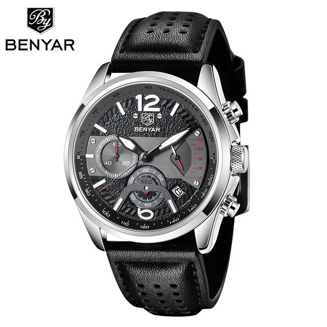 

Benyar 5171 New 2021 Men's Quartz Watch Waterproof Sports Chronograph Men's Watch High-end Leather Military Watch Reloj Hombre, 2 colors