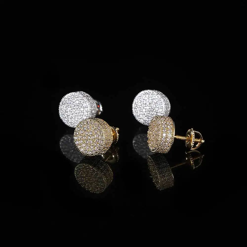 

Luxury Men Women Round Stud Earrings Fully Paved Bling CZ Screw Back Circle Huggie Earrings Jewelry, Picture