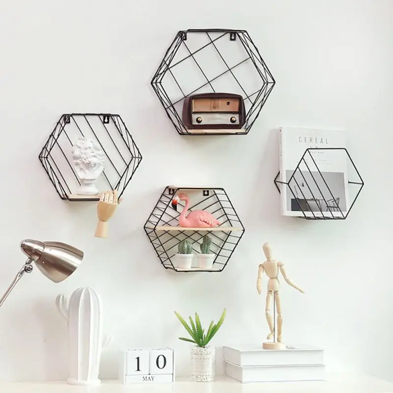 

Wall Mounted Floating Shelf Modern Simple Geometry Wood Metal Wire Hexagon Plant Flower Storage Shelves Display Perfect Decor