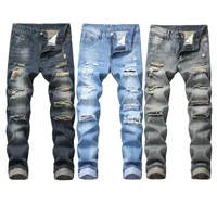 

Wholesale Ragged blue biker jeans trousers man black ripped Destroy Wash jeans