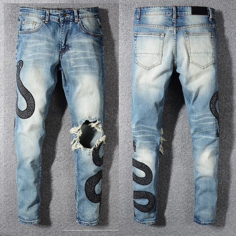 New Italy Style #568# Men's Distressed Embroidery Snakes Pants B