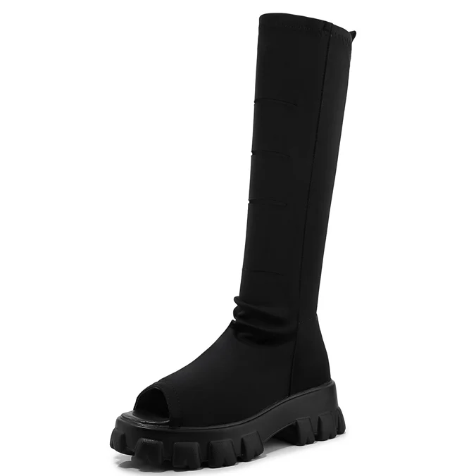 

Thick Sole Peep Toe Summer Knee-high Boots for Women Stretch Fabric Black Flat Long Boots Women's Sneaker Shoes
