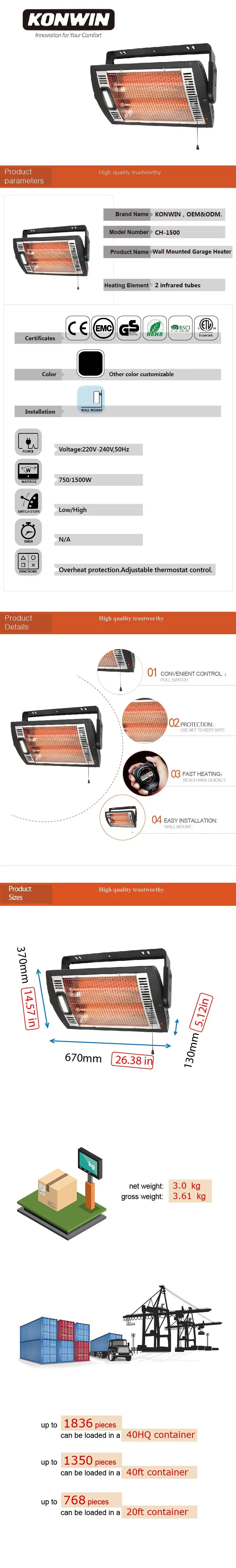 Konwin Electric Patio Heater outdoor Heater Wall Mounted Garage