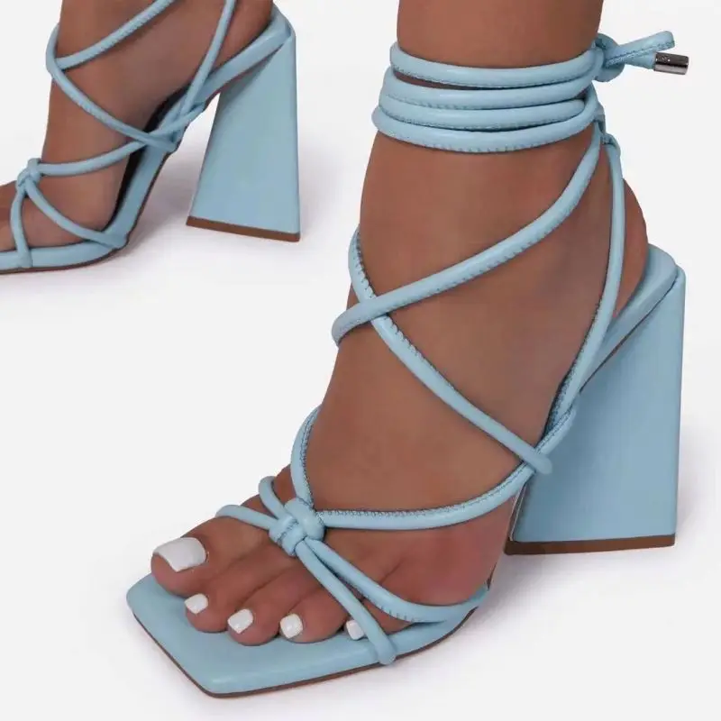 

club 2021 new arrivals shoes Female sexy triangular chunky heel high-heeled sandals Bandage sandal plus size available, Picture colors