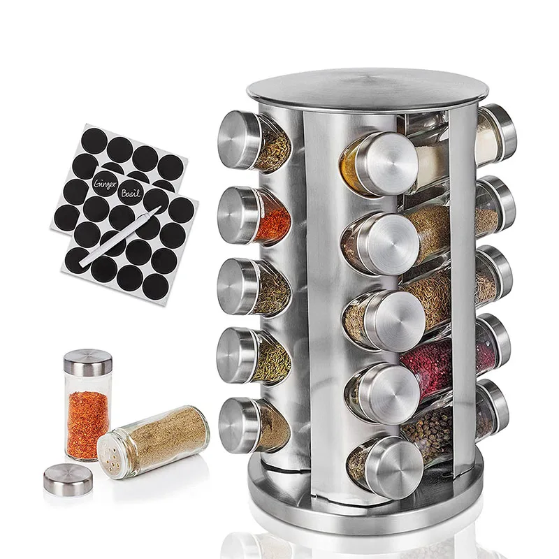 

home and kitchen 2020 20spice bottle glass spice jar set With rotating frame Rotatable, Silver