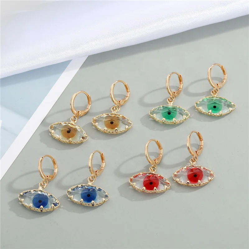 

High Quality Jewelry Crystal Stone Evil Eyes Huggie Earrings Plated 18K Gold Glass Earring, Blue,green,red,yellow