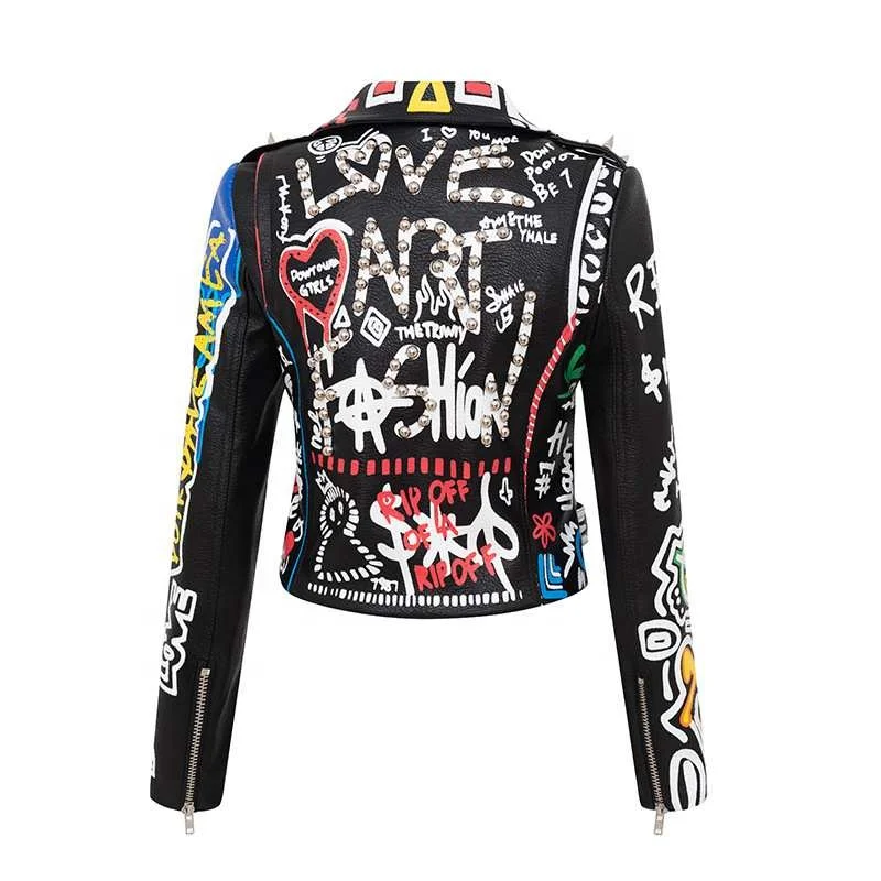 

Fashion Women Faux PU Leather Motorbike Graffiti Print Punk Style Cropped Leather Jacket, As the picture