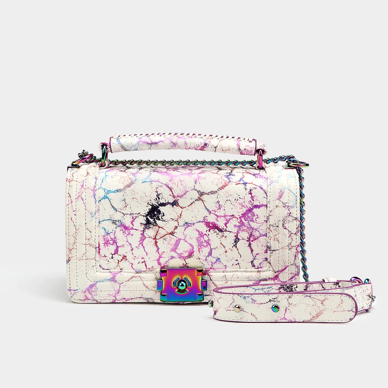 

Lady chain sling crossbody luxury bag new style colorful shoulder women purse pu leather handbags for women fashion printed bag, As picture