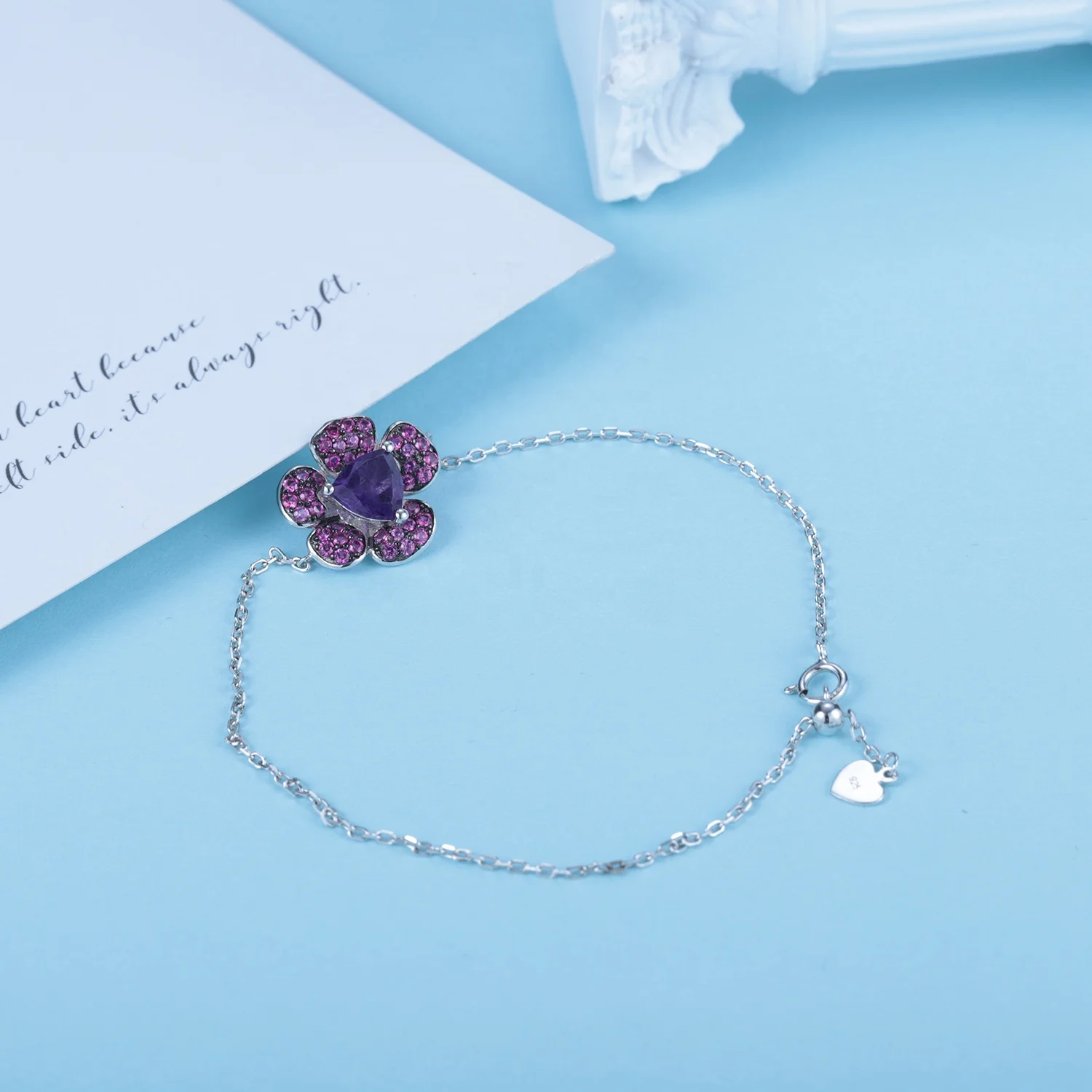 

Abiding ISO Factory Custom Bracelets Butterfly Flower Gemstone Jewelry 925 Silver Bracelet Natural Amethyst Bracelet
