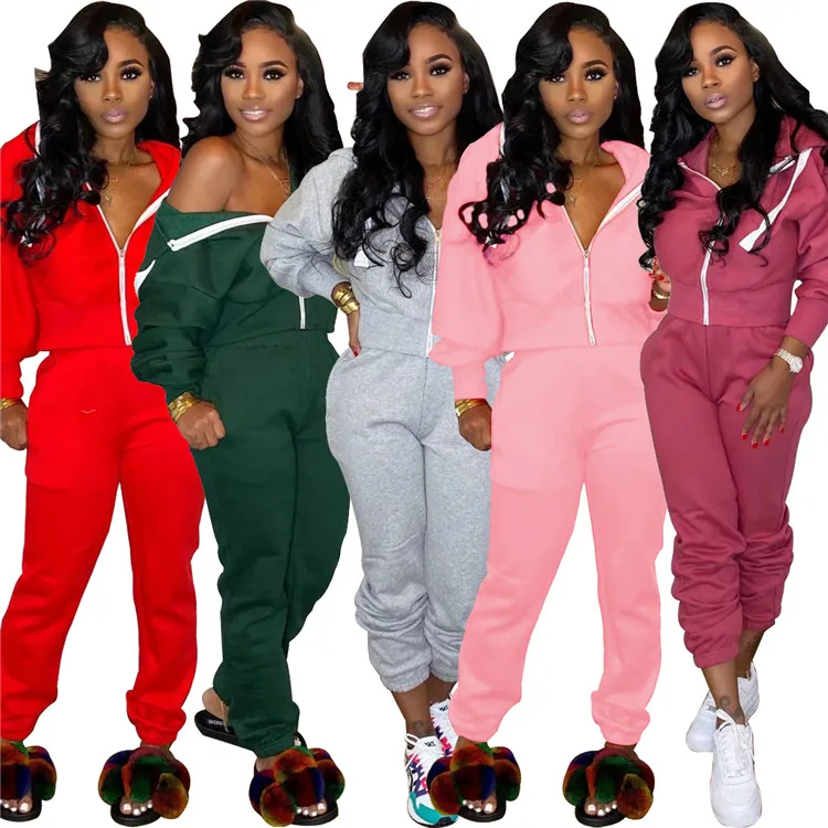 

Wholesale Ladies 2 Pcs Long Sleeve Hooded Sport Sweat Suits Plus Size Autumn Women Two Piece Set