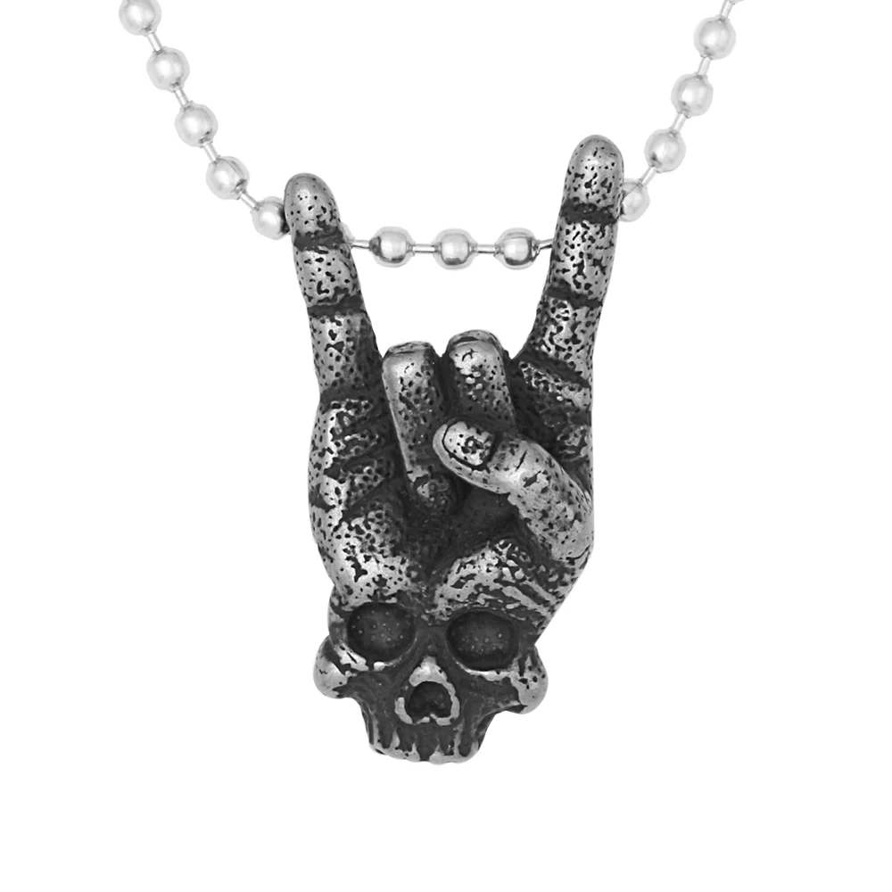 

Vintage Punk Men Jewelry Colgante Personalized Stainless Steel Rock and Roll Sign Gesture Hand Skull Pendant Necklace