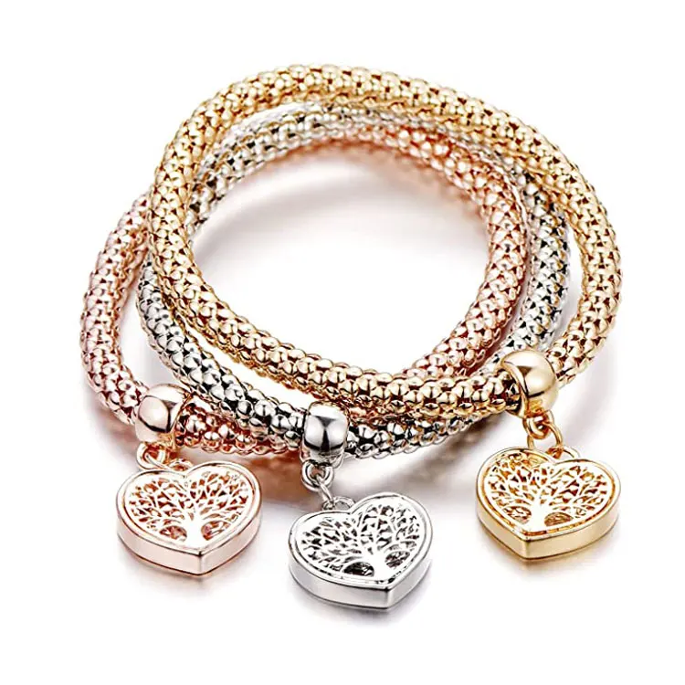 

SC Fashion  Popcorn Chain Bracelet Luxury 3 Pcs Tree of Life Butterfly Heart Crystal Charm Multilayer Bracelets Set Women, Gold, silver, rose gold
