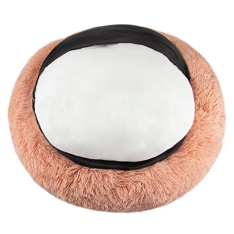 

Jhome Pets Custom Round Machine Washable Plush Faux Fur Dog Bed Calming Donut Fluffy Luxury Dog Bed with Removable Cover Zippers