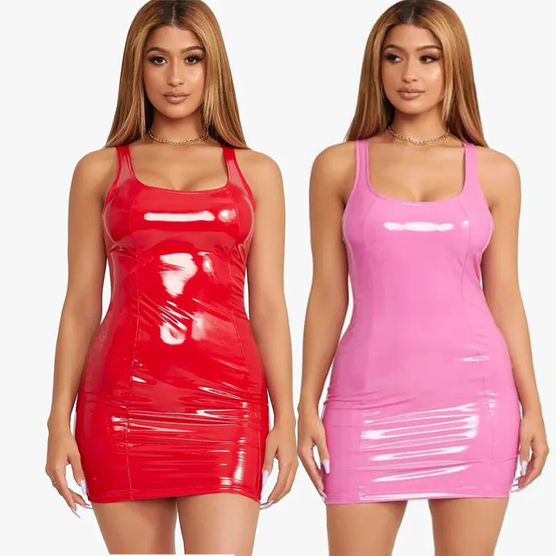 

2021 Stylish Sleeveless Plain Bright Pink PU Leather Zipper Skinny Party Clubwear Tight Women Bodycon Mini Dresses, Picture
