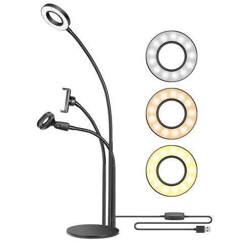 

3-in-1 Live Broadcast LED Selfie Ring Light with Cell Phone Holder and Microphone Holder for Live Stream, White, black