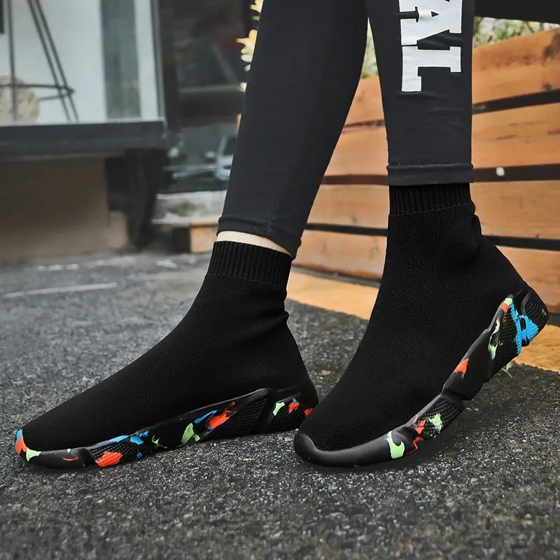 

Plus size  Breathable Womens Knit Men Shoes Running Trainers Black High Top Colourblock Fabric Ankle Boots Sock Sneakers