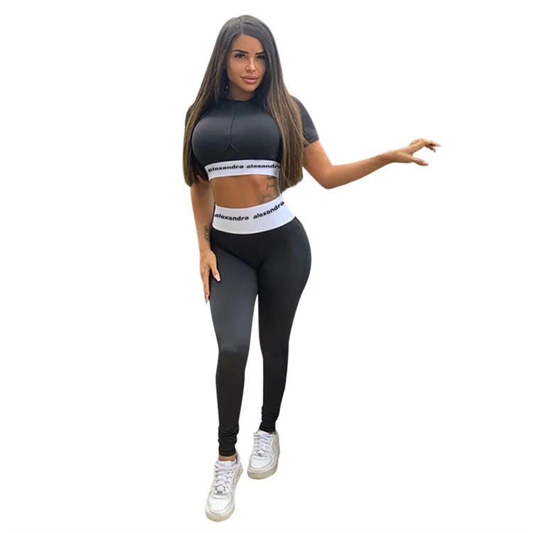 

Hot Selling letter print two piece set women stretchy sports wear o neck crop tops slim leggings matching sets for woman, Black,red