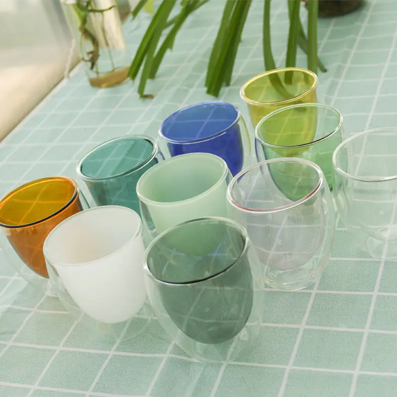 

Wholesale Low Price Handmade thick double wall glass cups mugs, Clear, blue, pink, purple, teal,ect. or customize color acceptable.