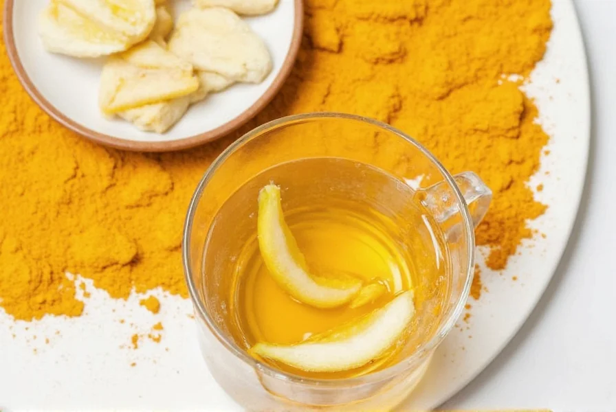 Fresh ginger root and turmeric powder ingredients for tea preparation