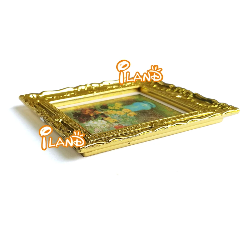 CESUO 1:12 Oro Pintura al oleo de la Flor Marco de plastico Muebles de casa de munecas en Miniatura