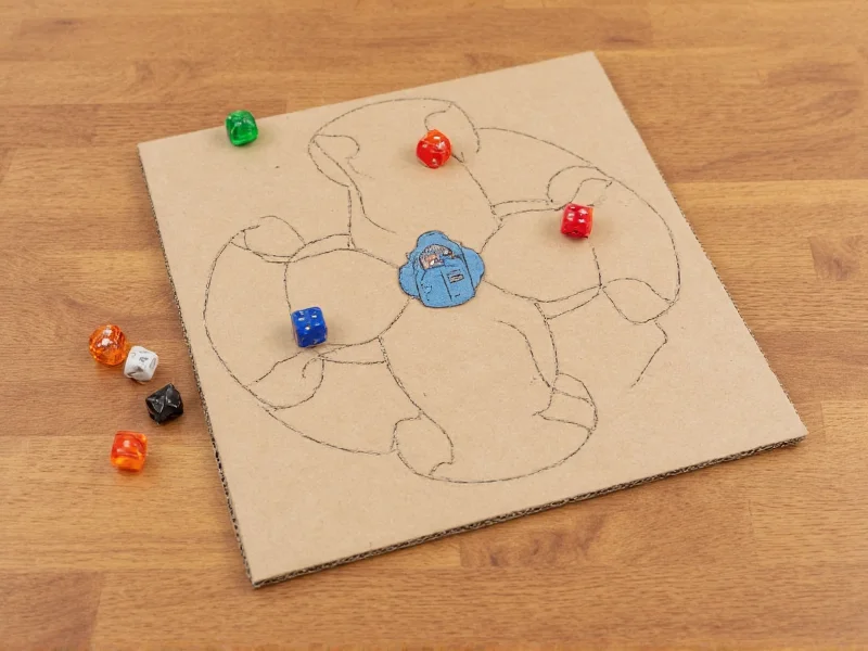 Handmade board game with cardboard pieces and dice