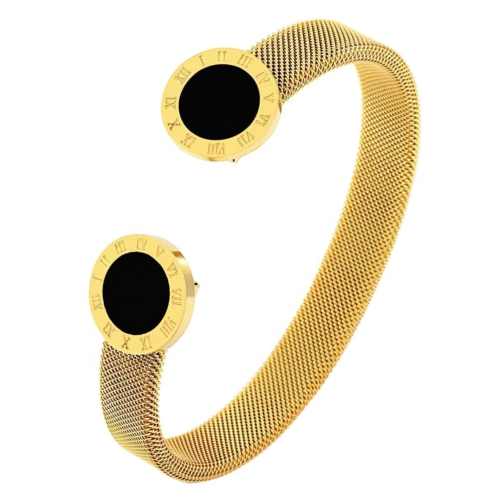 

Classic Black Round Mesh Bracelets Bangles Roman Numeral Stainless Steel Bracelet For Women Men Wedding Party Jewelry, Gold, rose gold, silver