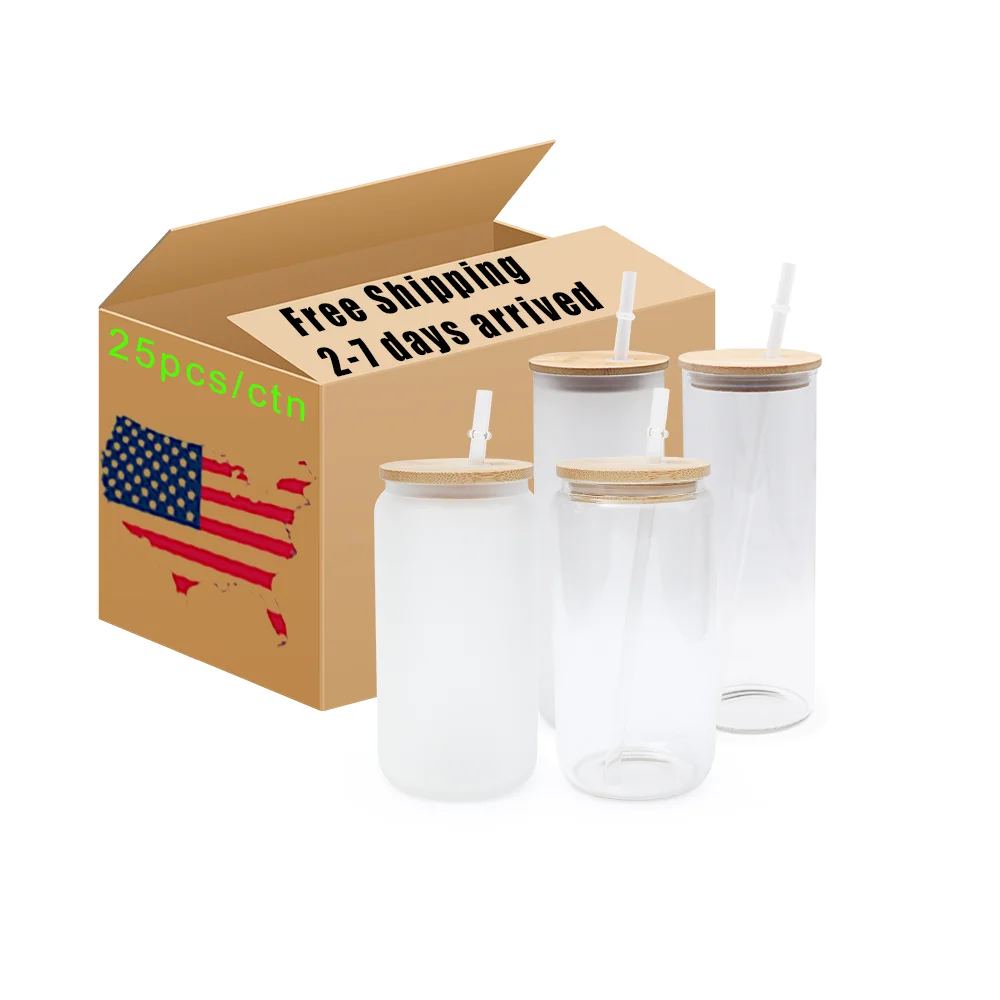 

free shipping 16oz 12oz clear blank beer can soda shaped libby drinking glass can cups frosted sublimation glass with bamboo lid