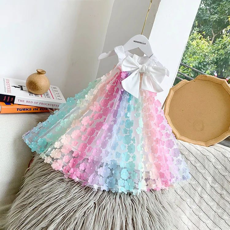

New fashion Girls summer sleeveless flower rainbow princess dress clothing for kids, Picture shows