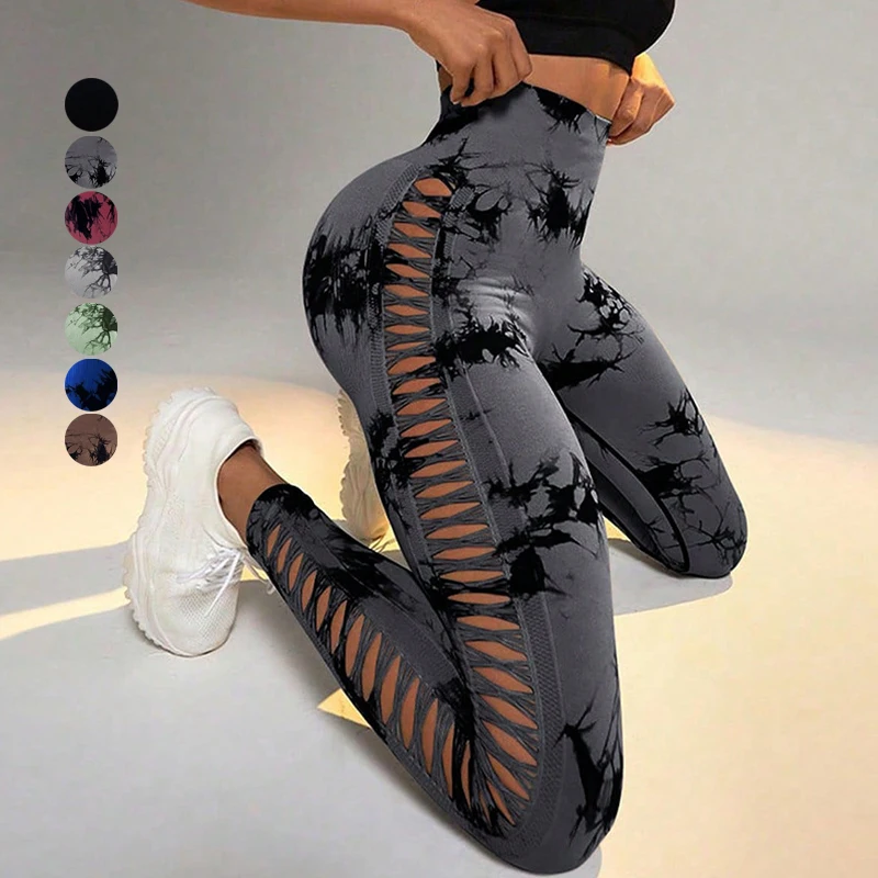 YIYI High Waist Butt Lift Workout Tie Dye Tight Yoga Side Hollow Out Pants Ruched Booty Sport Seamless Yoga Leggings for Women