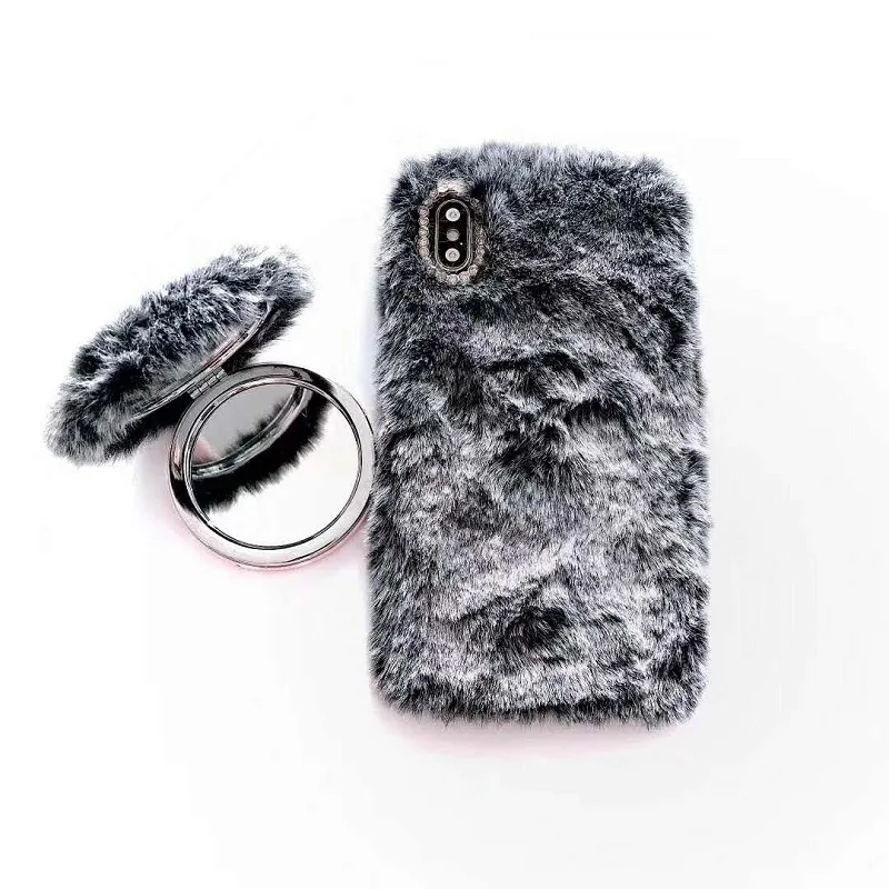 

2021 New Cute Fluffy Fur Mirror Phone Case For iPhone 11 Pro Max Girls Shockproof Bumper Kickstand Cover, Black pink gray