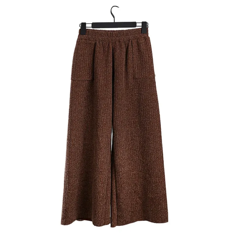 

New Knitted Wide Leg Pants With Pocket Elastic High Waist Legged Pants Knitted Casual Pants, As picture