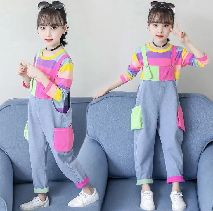 

CCYH 2021 new fashion girls' clothing sets crew neck stripe sweaters+one piece jeans kids overalls suit spring clothes, Picture shows