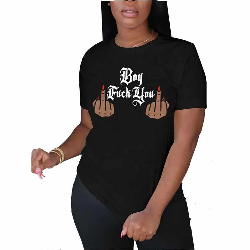 

Women's Printed Gesture Round Neck Short Sleeve T-shirt