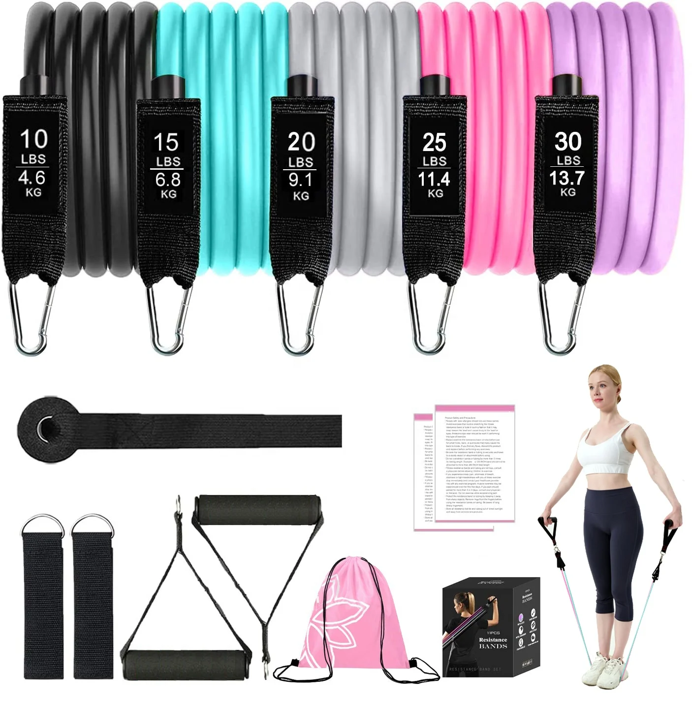 

Amazon Hot Sale 150lb 100lb Pull Up Colorful Latex Tpe Exercise Resistance Workout Ankle Booty Tube Tubing Bands Set, Black+gray+pink+purple+green
