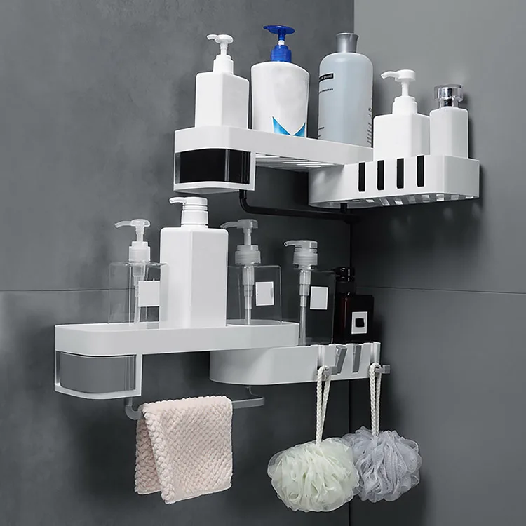 

Corner Bathroom Organizer Shelf Shampoo Cosmetic Storage Rack Wall Mounted Kitchen Shelf Household Items Bathroom Accessories, White and grey, white and black