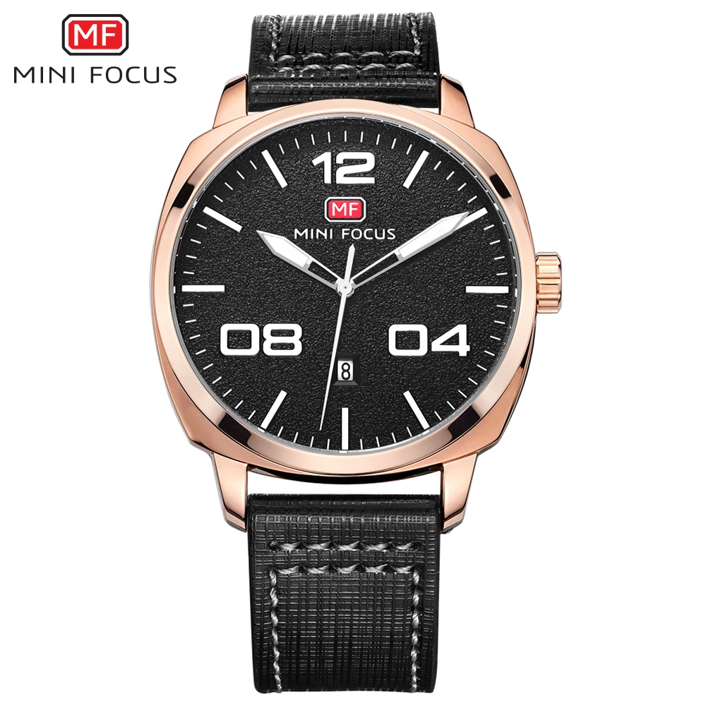 

MINI FOCUS MF0013G new Mens Watches Brand Luxury Transparent Case Genuine Leather Strap Rose Golden Calender Quartz wrist watch