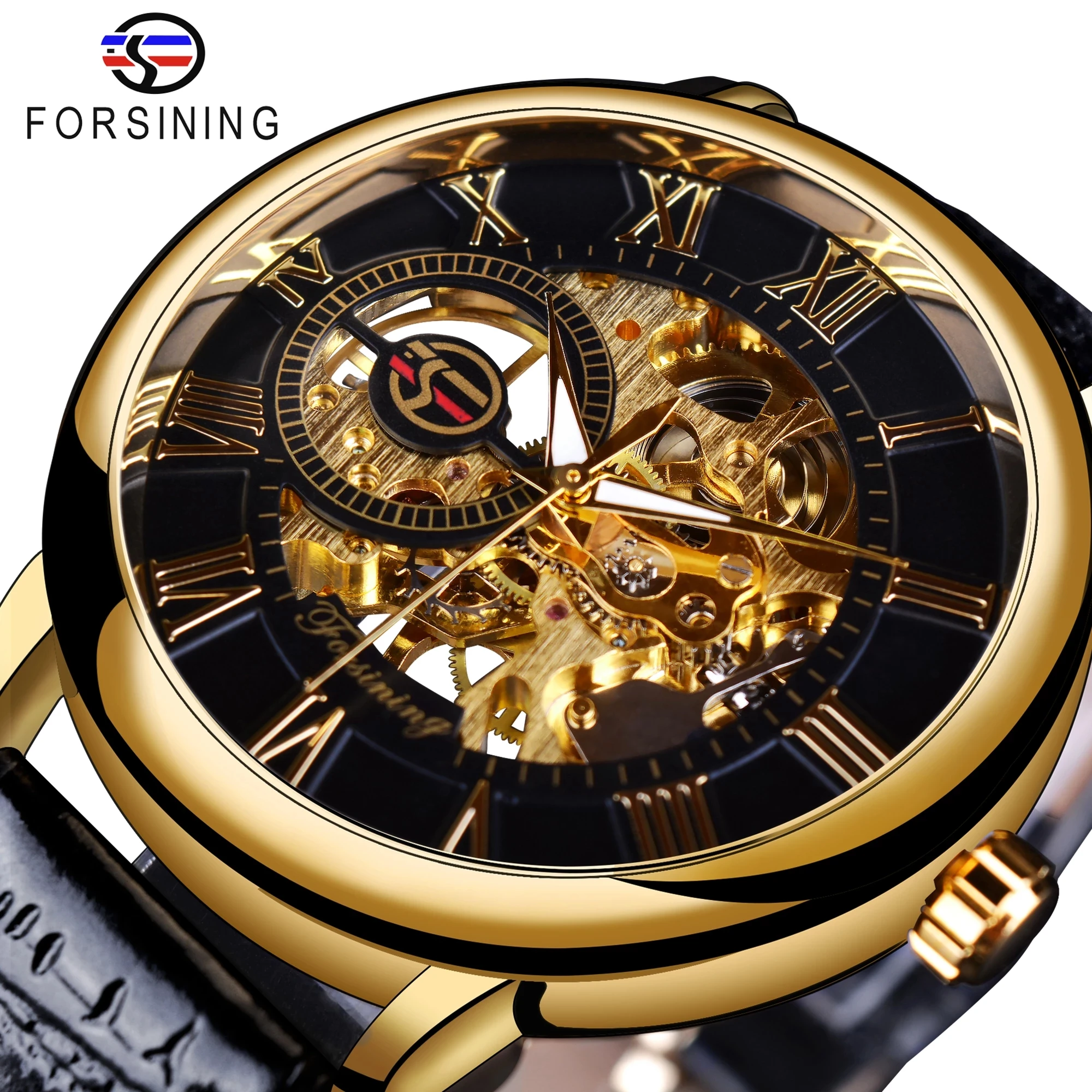 

Forsining 3d Logo Design Hollow Engraving Black Gold Case Leather Skeleton Mechanical Watch Men Luxury Brand Dropshipping Clock, 10-colors